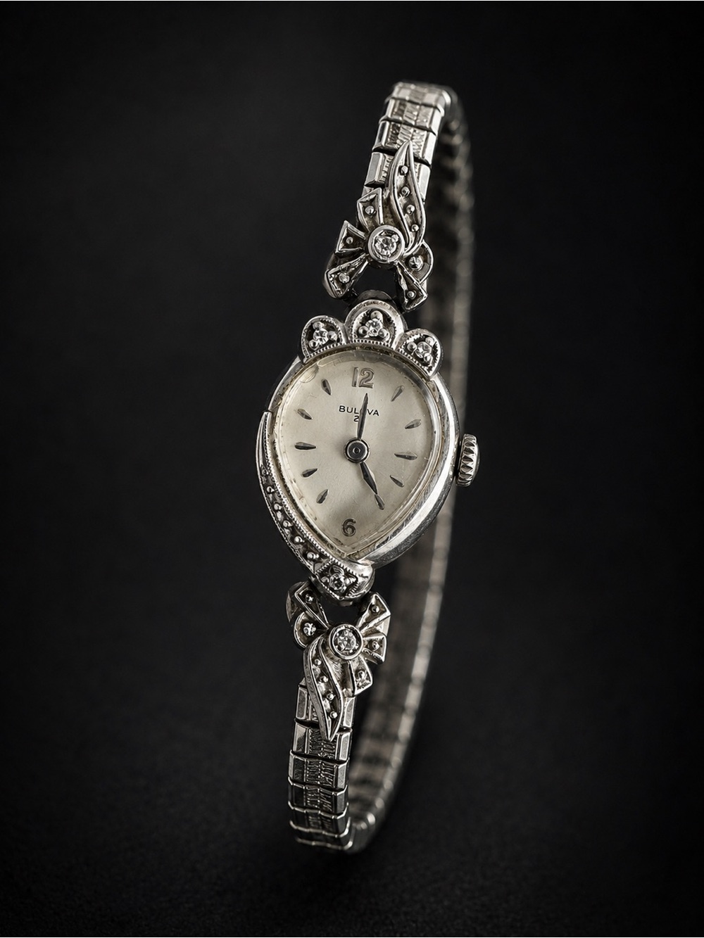 Vintage 50’s Bulova Watch Ladies 23 Jewel 10k Rolled Gold Diamonds Cocktail